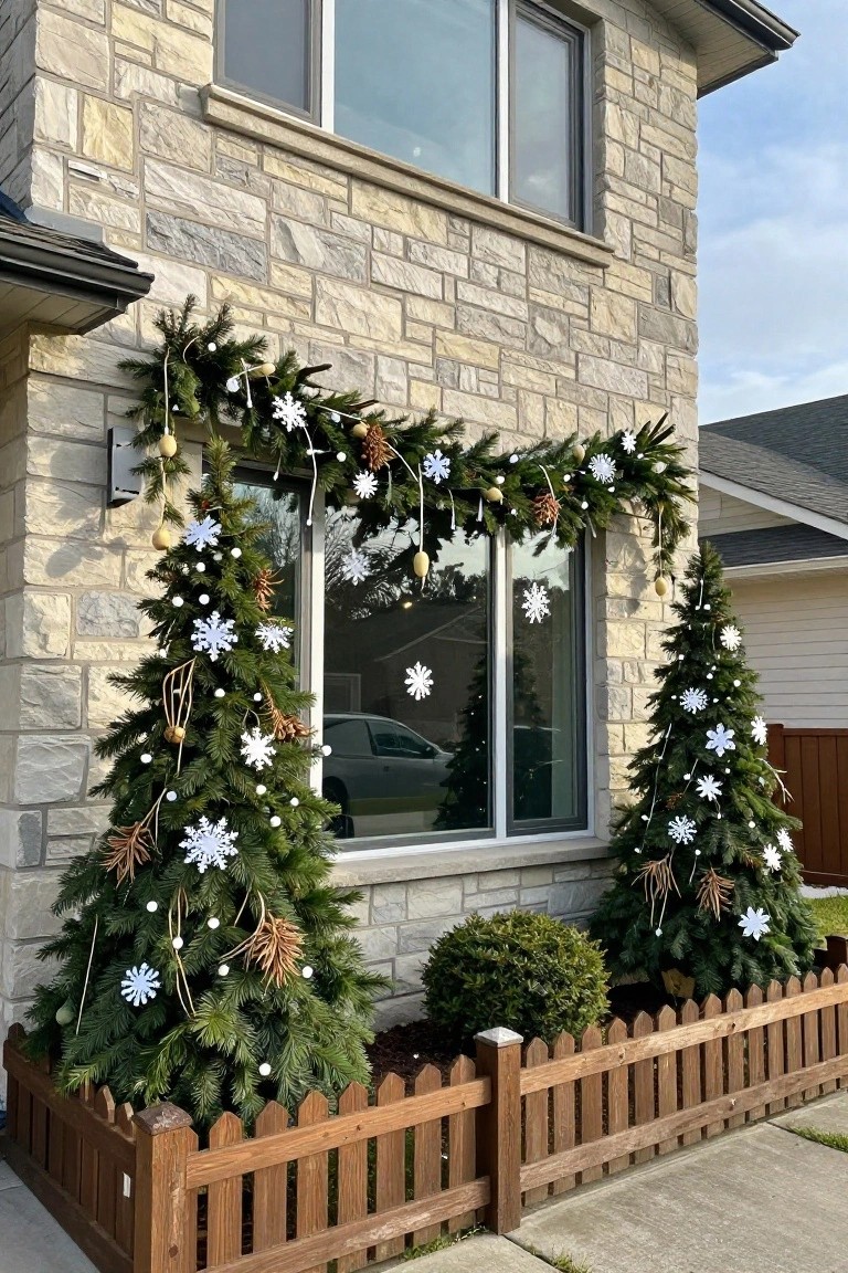 Stone house exterior featuring a large window with evergreen garland draped across the top, white snowflake and pinecone ornaments, flanked by two small decorated fir trees next to a wooden picket fence.