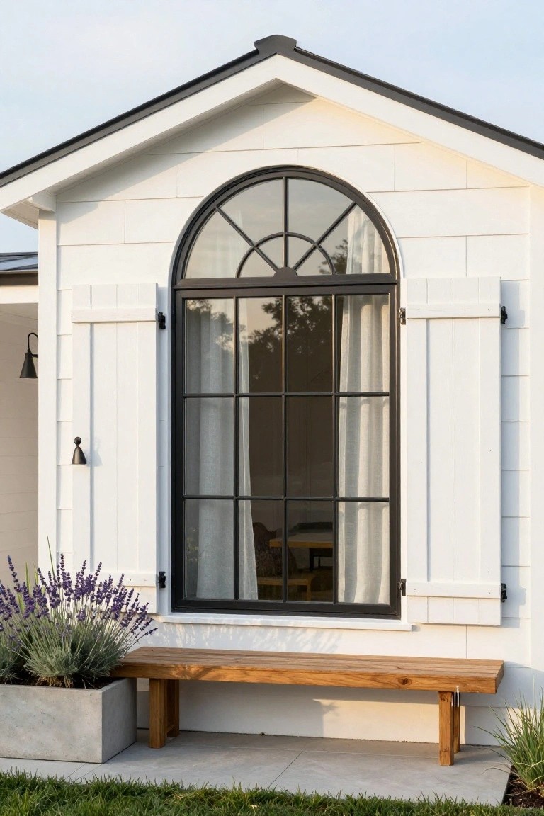 White board-and-batten siding on a house exterior with a large black metal-framed arched window flanked by open white shutters, a wooden bench, lavender plants in concrete pots, wall-mounted lights, and grass in front.