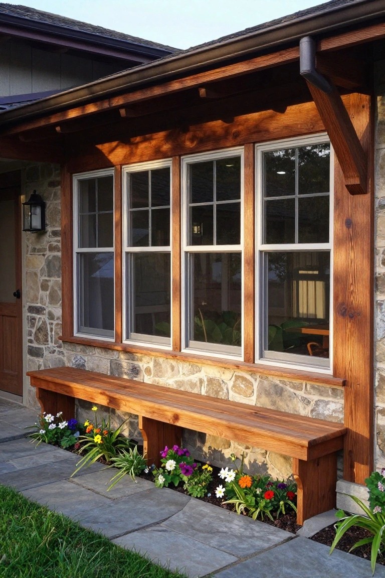 Wooden bench built into stone and wood house exterior under three divided-light windows, with colorful flowers in bed along the base and slate path leading to a door.