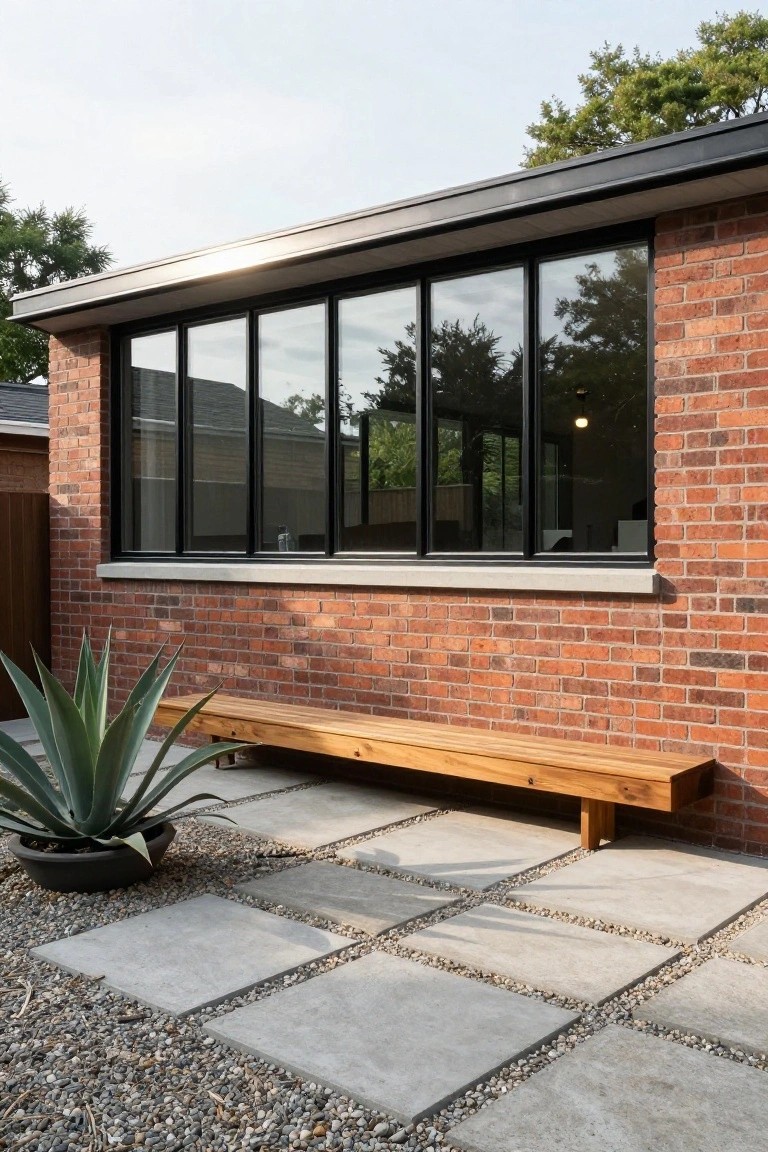 Brick exterior wall with large horizontal black-framed windows, wooden bench nearby, potted agave plant, and gravel patio with pavers.