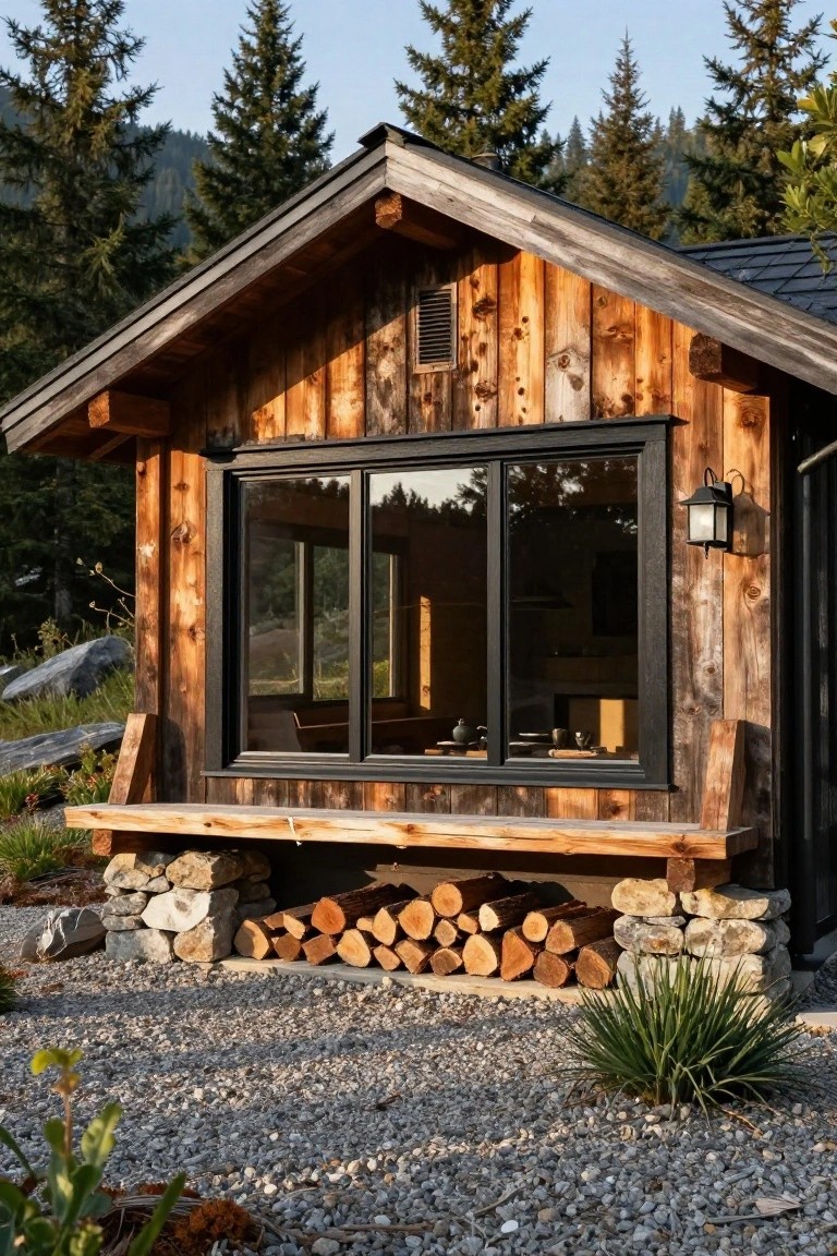 Small wooden cabin exterior with large black-framed sliding windows, wooden bench, stack of firewood on stone base, and surrounding rocks and trees in a forested mountain area.