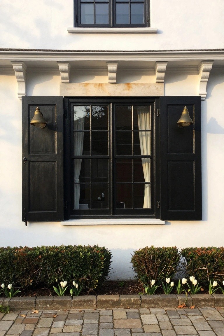White stucco house exterior featuring open black wooden shutters framing a tall multi-pane window with white curtains, brass bell lanterns mounted on the shutters, flanked by boxwood shrubs and white tulips along a cobblestone path.