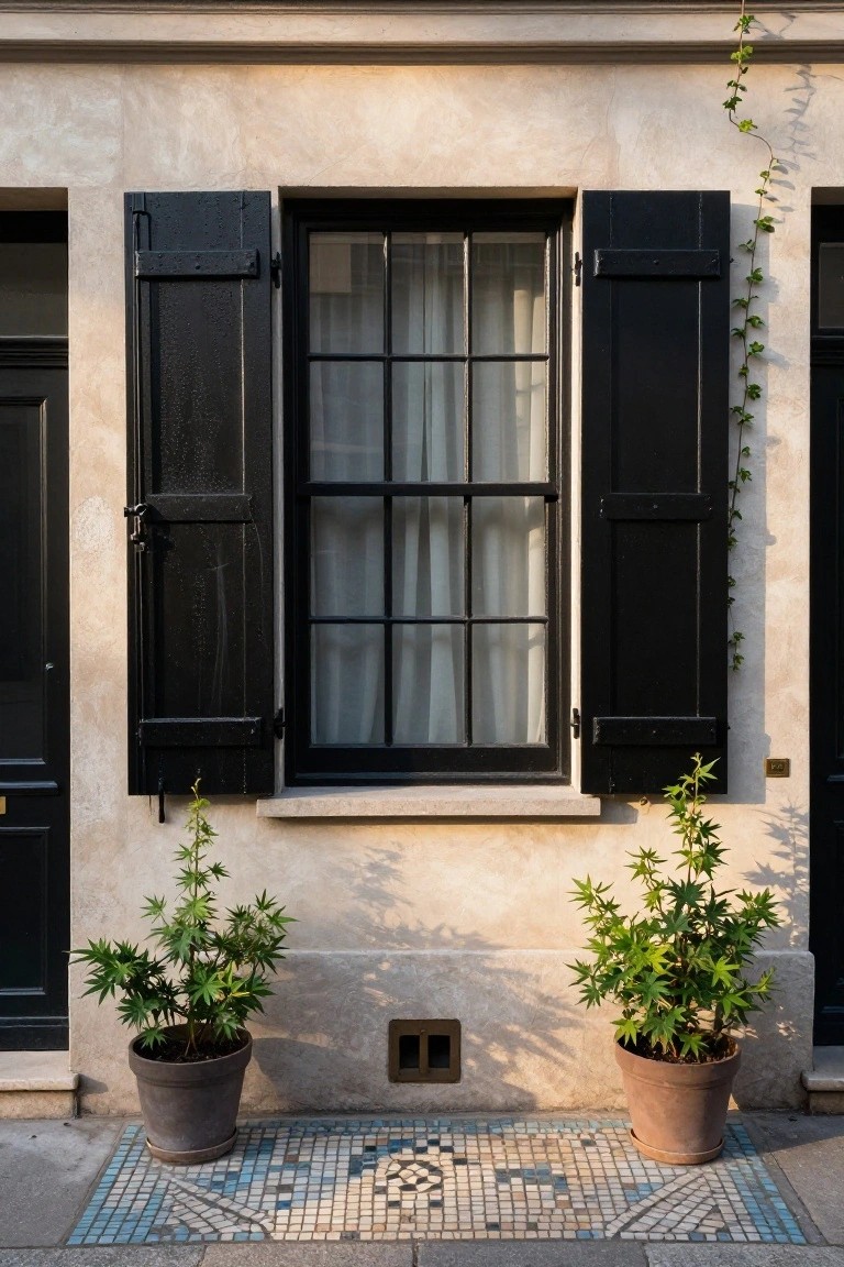 Beige stucco house facade with open black shutters framing a multi-pane window draped in sheer curtains, flanked by two potted plants with serrated leaves, ivy on the wall, and a mosaic-tiled entry mat.