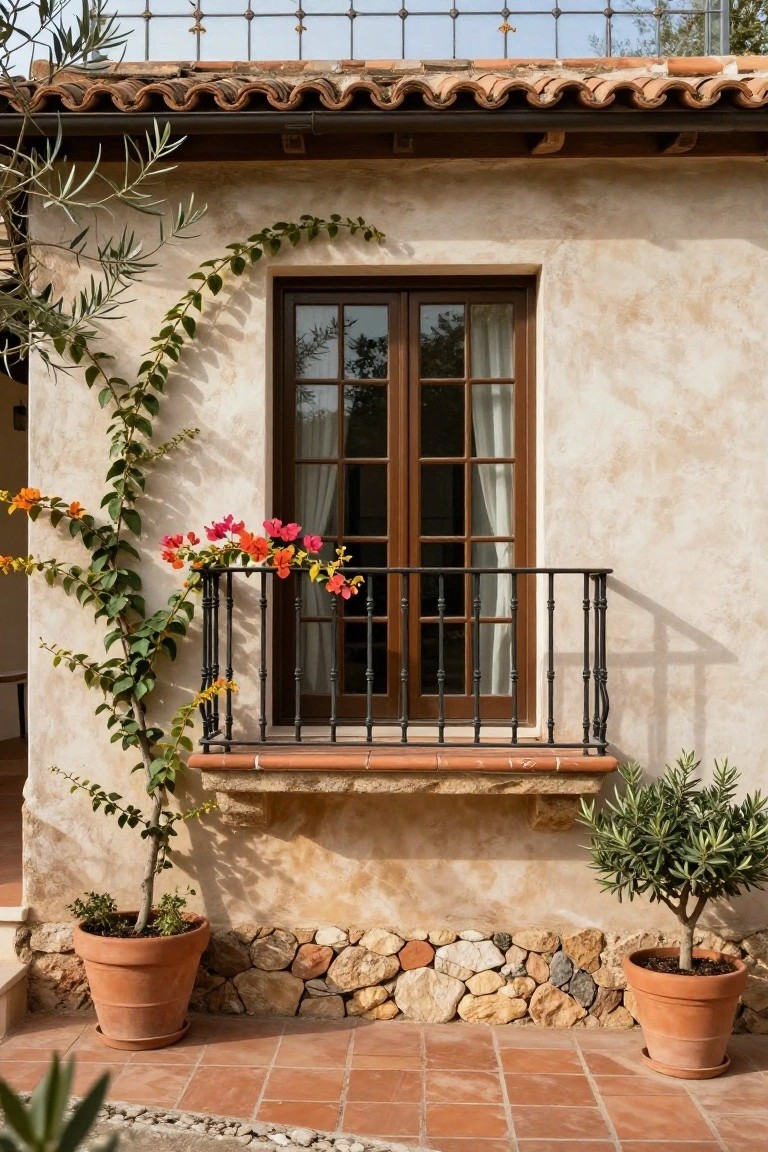 Beige stucco exterior wall with double wooden window, white curtains visible inside, black wrought-iron balcony railing draped in green vines and red bougainvillea flowers, flanked by potted olive trees and a small tree in terracotta pots on terracotta tile patio with stone base.