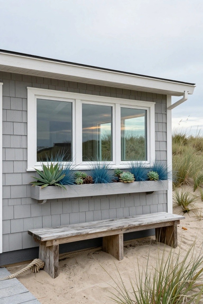 Gray shingle beach house exterior featuring a triple-pane window with a wooden window box planter filled with agave plants, succulents, pinecones, and blue fescue grasses, a weathered wooden bench below, rope accents, and sandy dunes nearby.