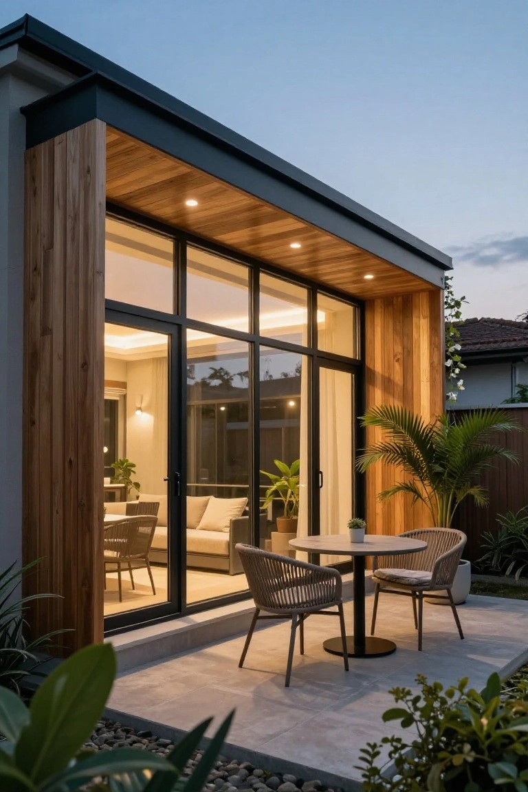 Modern house exterior at dusk with vertical wood cladding, floor-to-ceiling black-framed sliding glass doors partially open to a tiled patio holding a round wood table, two rattan chairs, potted plants, and surrounding tropical greenery.