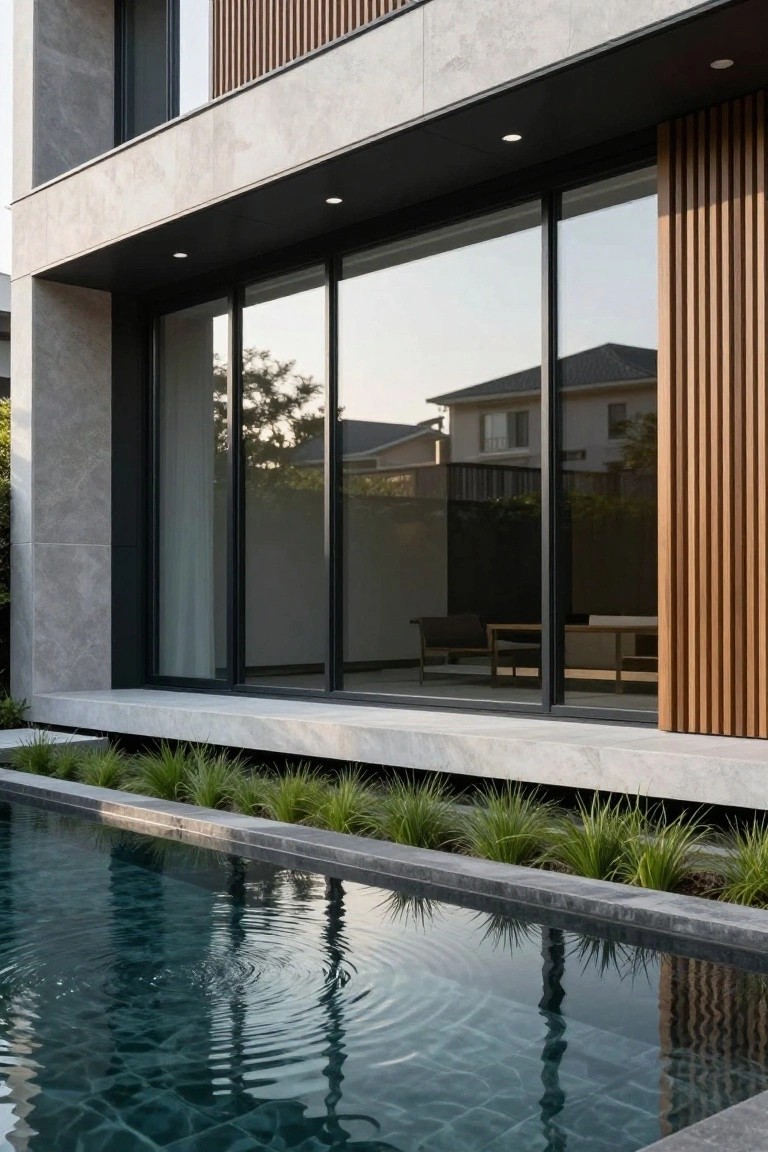 Modern house exterior featuring gray stone walls, vertical wood cladding beside large black-framed floor-to-ceiling sliding glass doors, and a dark-tiled pool with grass edging.