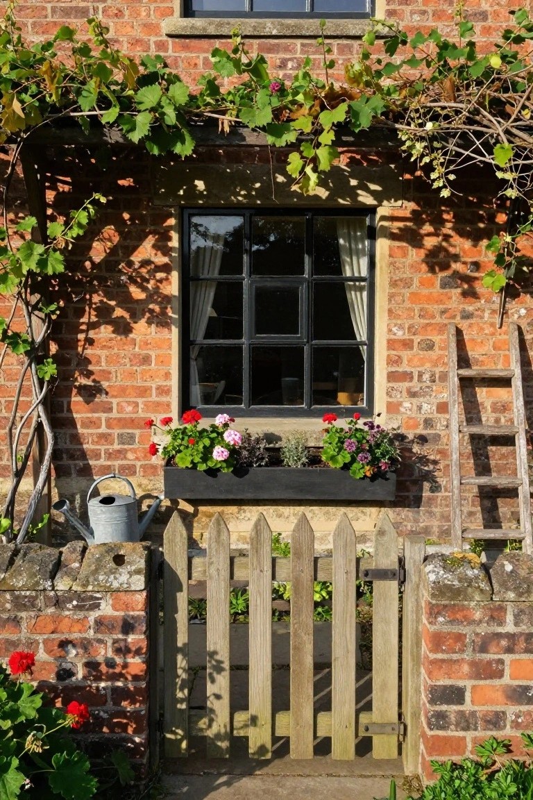 Brick exterior wall of a house with a black-framed window, overflowing black window box of pink and red geraniums, climbing vines on the walls, metal watering can, wooden ladder leaning nearby, and small picket gate at the base.