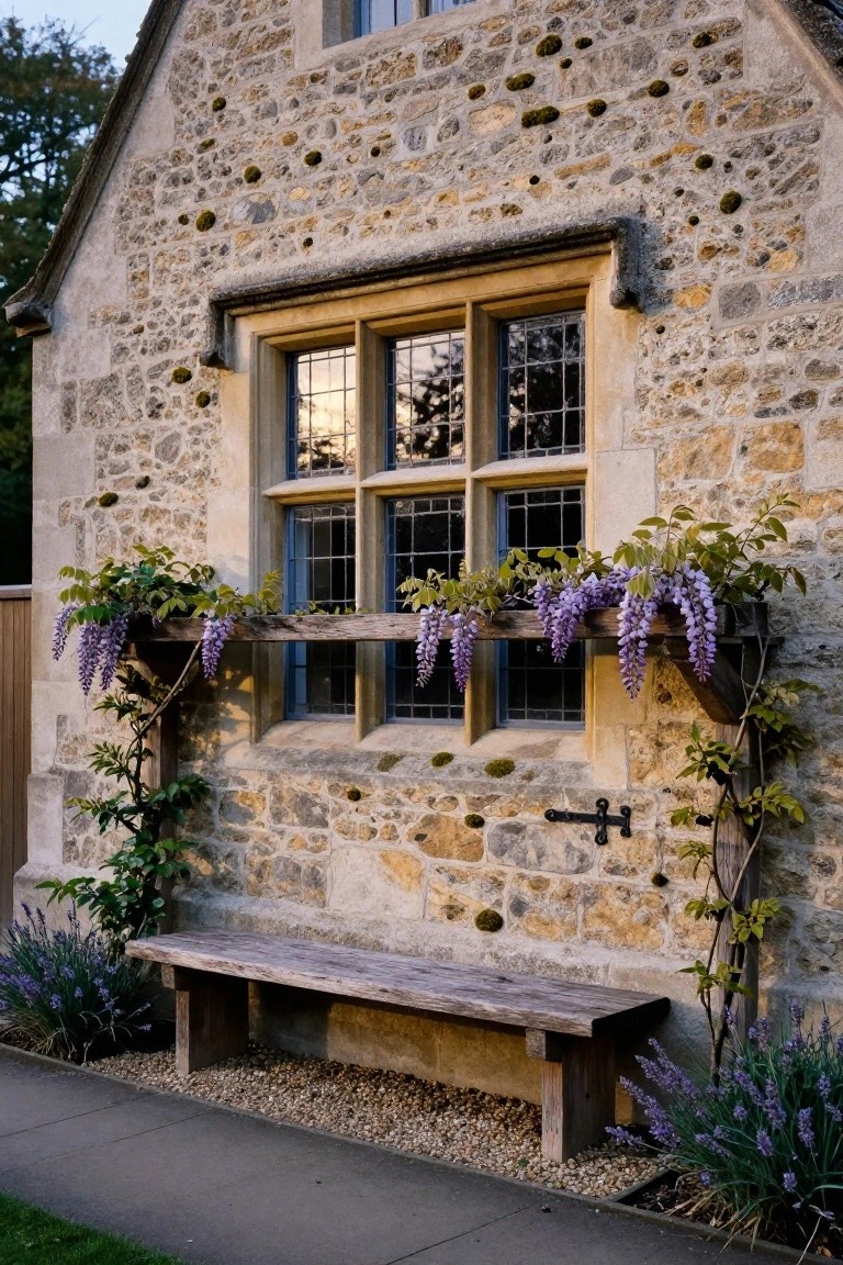 Stone cottage exterior with a tall multi-pane window framed by thick wooden beam supporting cascading purple wisteria vines, green foliage climbing the walls, lavender plants, and a wooden bench on gravel below.
