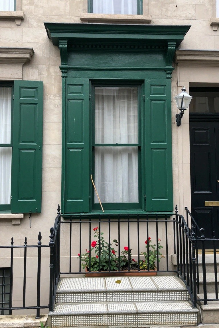 Beige stone townhouse facade with tall green shutters framing a curtained double window, black front door to the right, wrought iron railing enclosing red geraniums in a planter box, and white tiled steps.