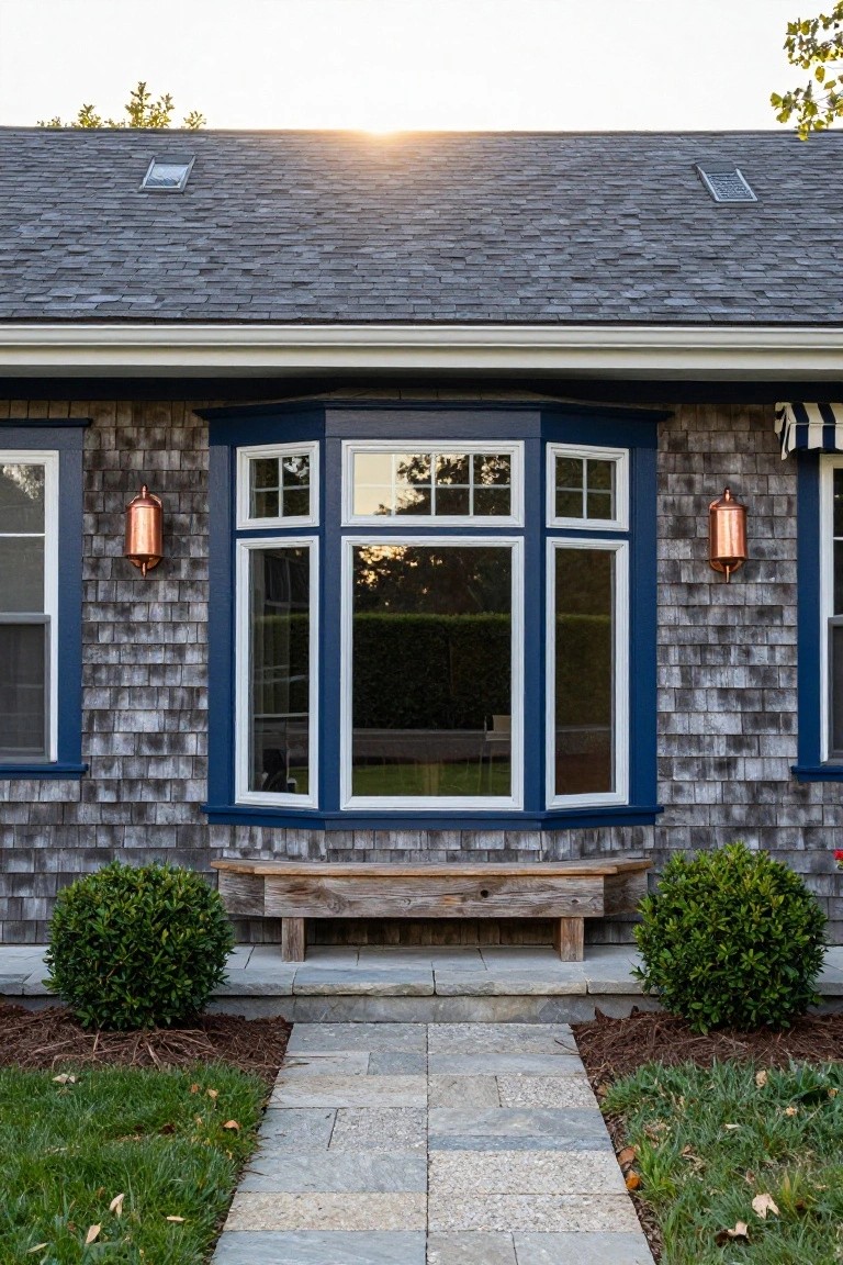 Front view of a shingle-clad house exterior with a central bay window framed in navy blue, flanked by copper lanterns, a wooden bench below the window, boxwood shrubs, and a stone pathway leading to steps.