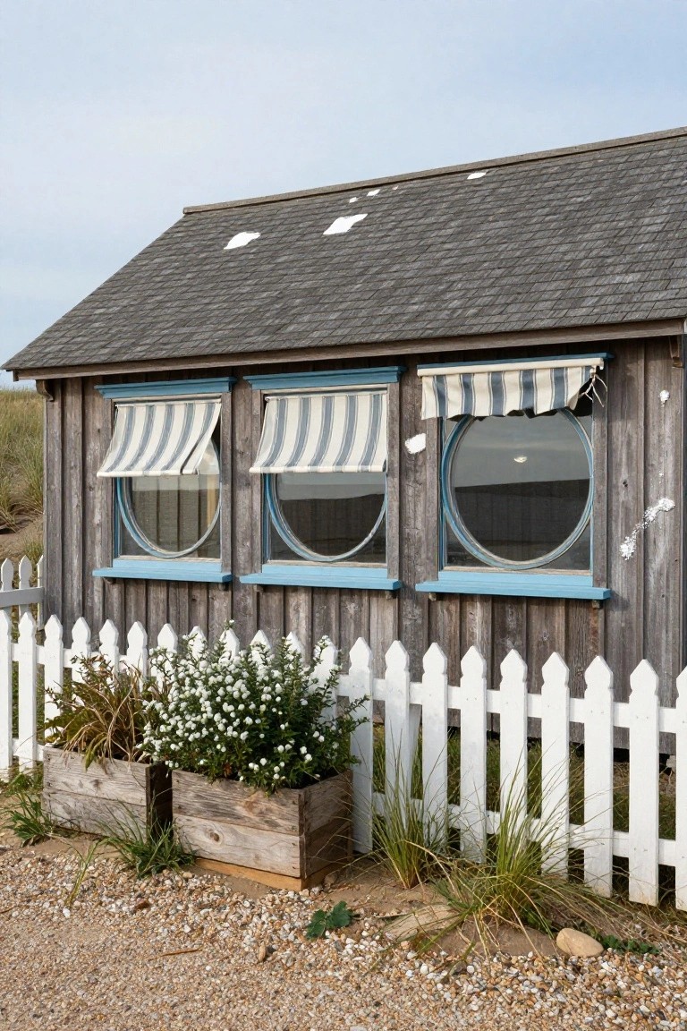 Small gray-shingled wooden beach hut with three blue-trimmed windows including round ones covered by white and blue striped fabric awnings, white picket fence, wooden planters with white flowers, and gravel ground.