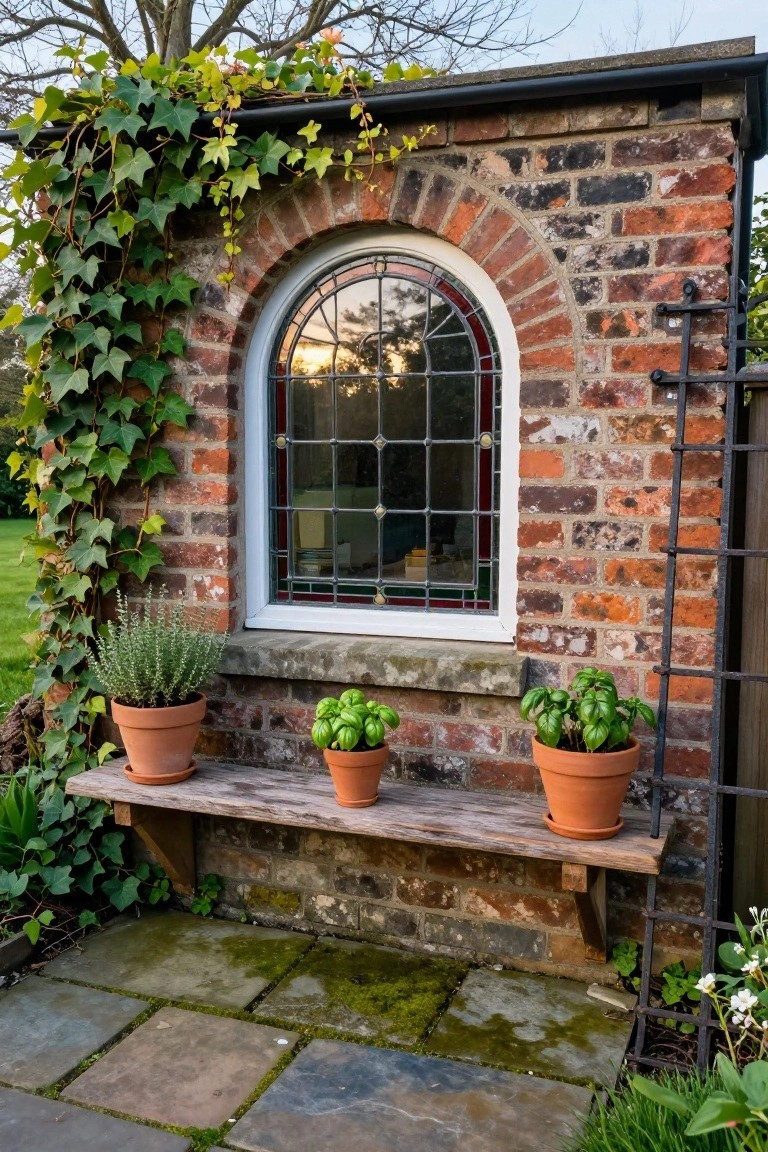Arched leaded glass window set in an ivy-covered brick wall with a wooden shelf below holding three terracotta pots of herbs, next to a stone garden path.