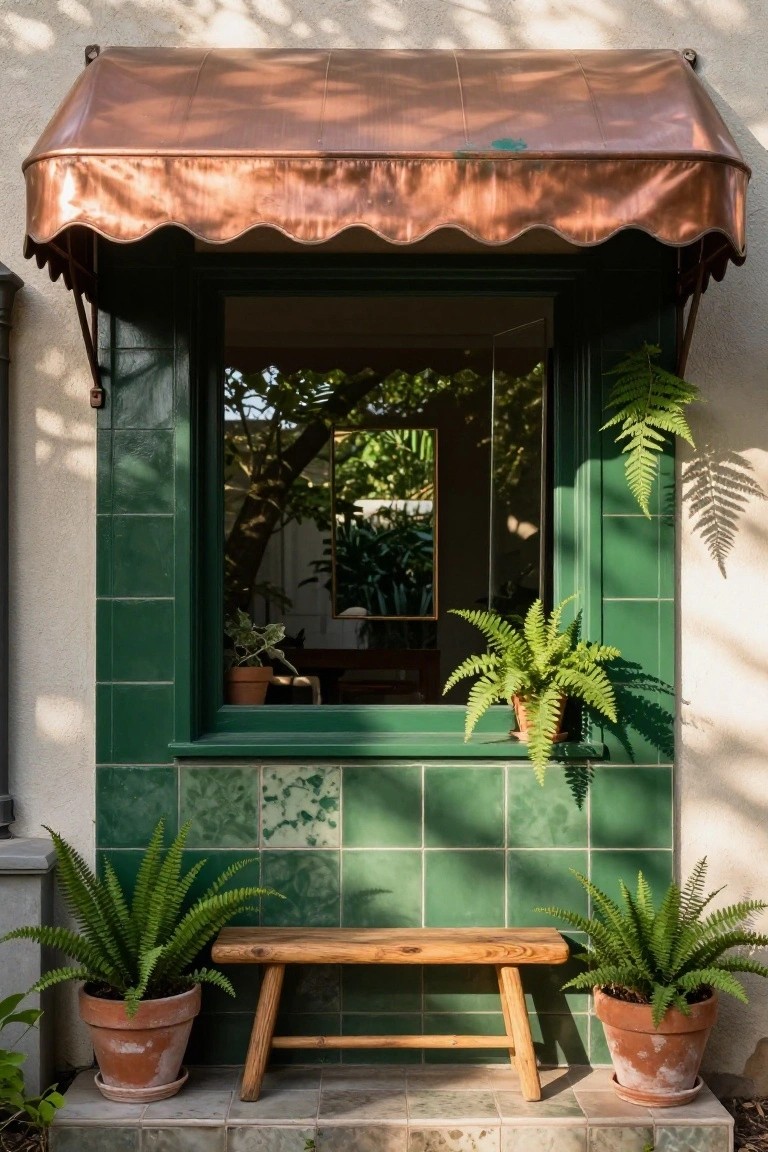 House exterior window framed by glossy green tiles on stucco wall, with copper awning overhead, hanging and potted ferns on either side, and wooden bench on stone step below.