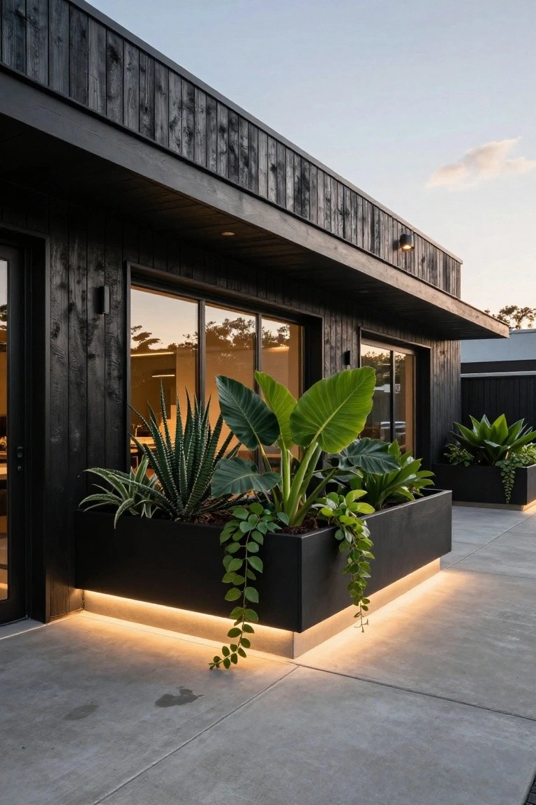 Modern house with black charred wood siding and large black rectangular planter boxes along the base filled with agave, large tropical leaves, and trailing plants, LED lighting under the boxes on a concrete path at dusk.