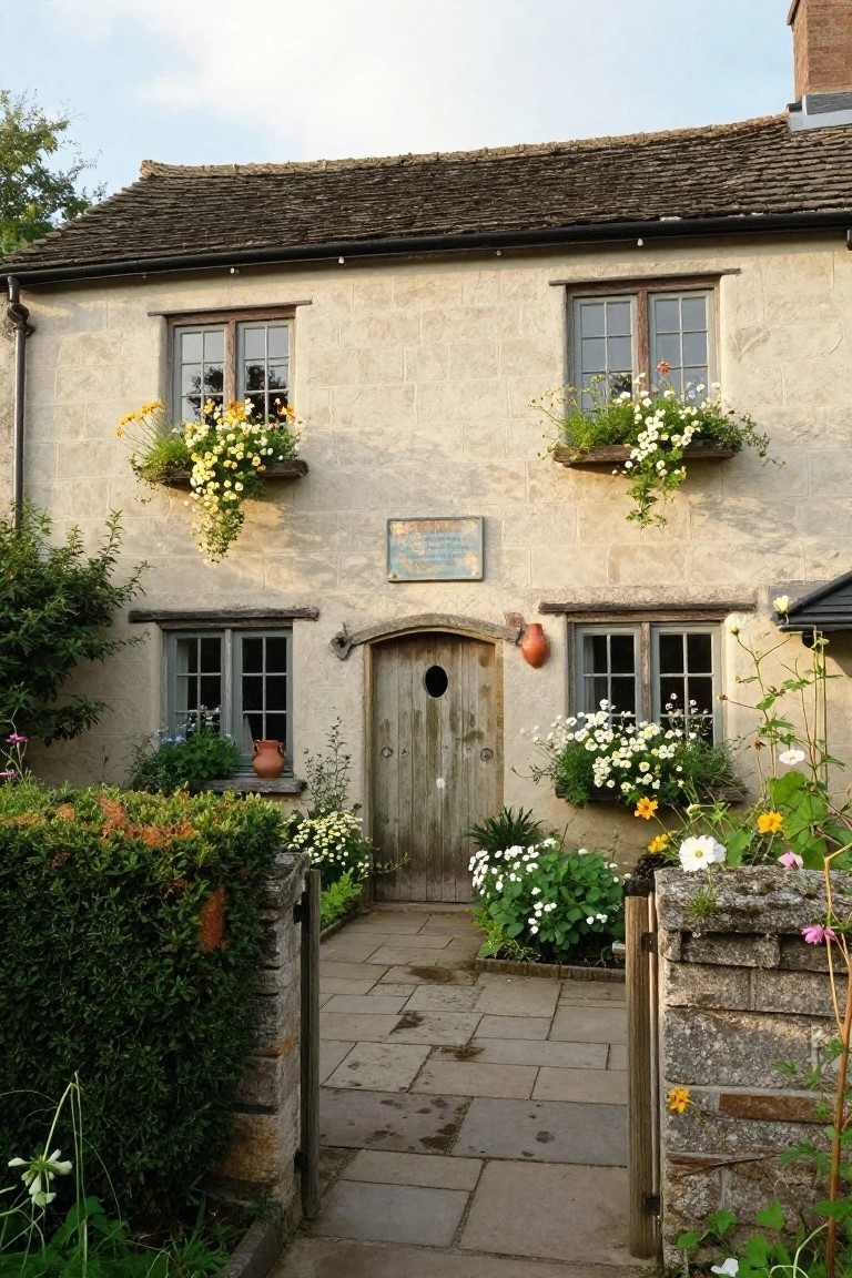 Beige stone cottage exterior with dark wood window frames, overflowing flower boxes of yellow and white blooms under upper windows, a wooden arched door, potted plants nearby, and a stone path bordered by shrubs.