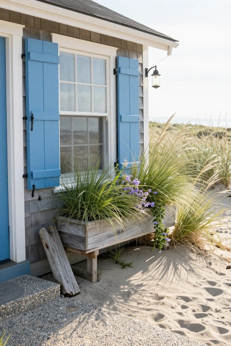 Shingled beach cottage exterior with open blue shutters framing a window, wooden planter box at base overflowing with tall ornamental grasses and purple flowers, sand and dune grass nearby.