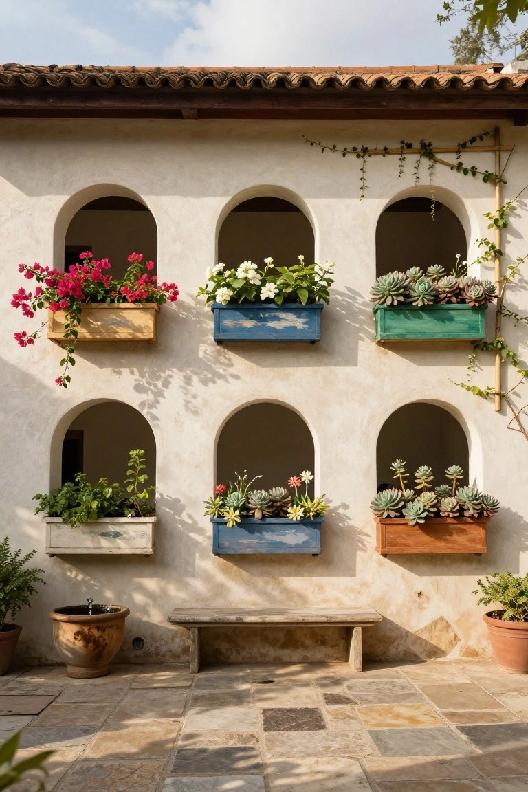 White stucco exterior wall with four arched windows, each featuring a colorful wooden planter box overflowing with pink bougainvillea, white flowers, succulents, and green plants, ivy climbing beside them, a wooden bench and terracotta pots on a stone patio below.