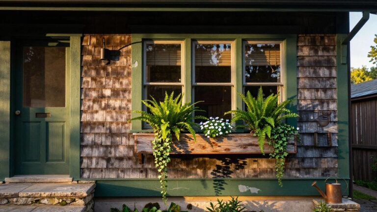 17 Exterior Window Planter Box Ideas That Overflow With Greenery Close-up view of a weathered gray shingle house exterior with a white double-hung window flanked by green shutters, a rustic wooden planter box overflowing with green ferns, white flowers, and trailing ivy, a hanging copper watering can, and a black wall lantern.