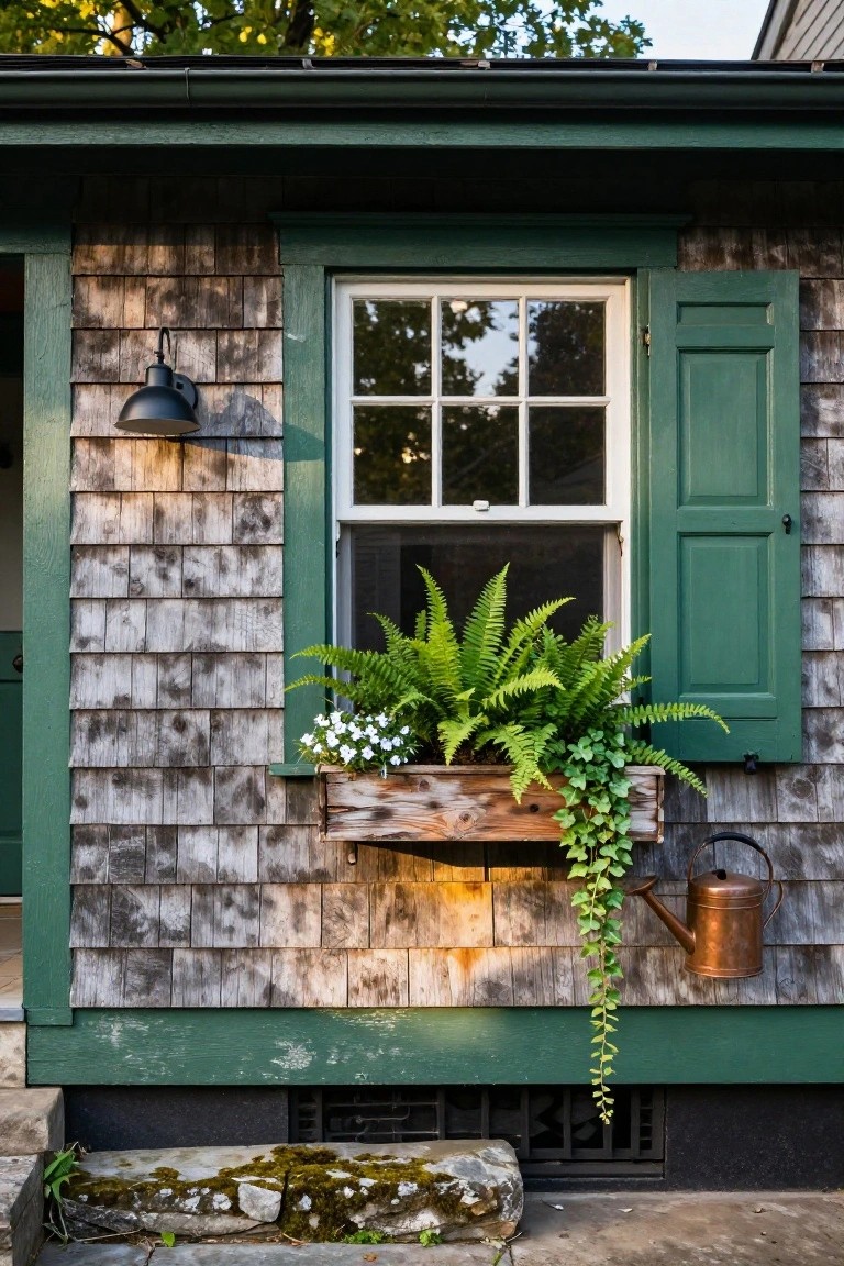 Close-up view of a weathered gray shingle house exterior with a white double-hung window flanked by green shutters, a rustic wooden planter box overflowing with green ferns, white flowers, and trailing ivy, a hanging copper watering can, and a black wall lantern.