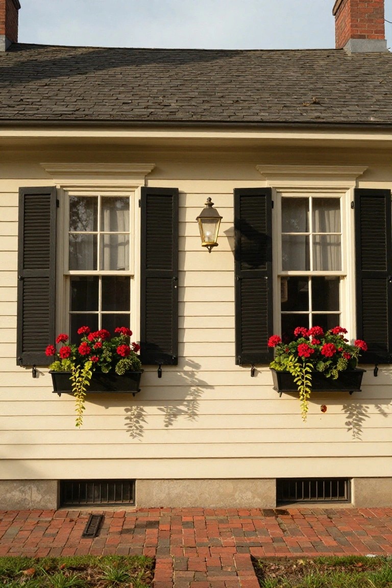 Light beige house exterior with black shutters on two multi-pane windows, each with black window boxes overflowing with red geraniums and trailing greenery, a black lantern mounted between the windows, brick walkway, and foundation vents.
