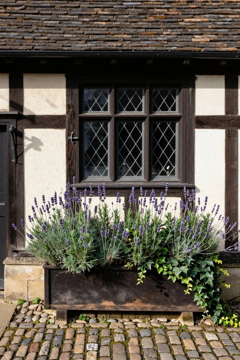 Timber-framed house exterior featuring a wooden planter box under a leaded glass window, filled with blooming lavender plants and trailing ivy, on a cobblestone path.