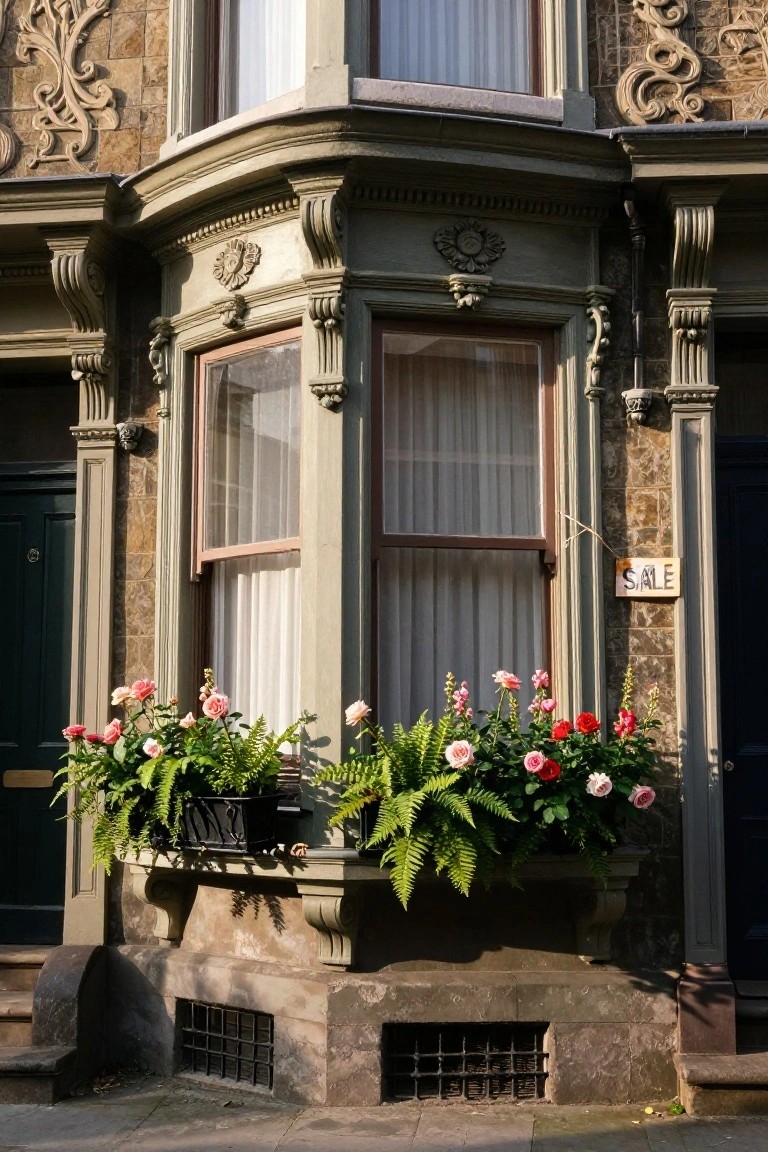 Ornate bay window on a brick and stone house with a black metal planter box overflowing with pink roses, ferns, and other flowers, sheer curtains inside, and a sale sign on the facade.