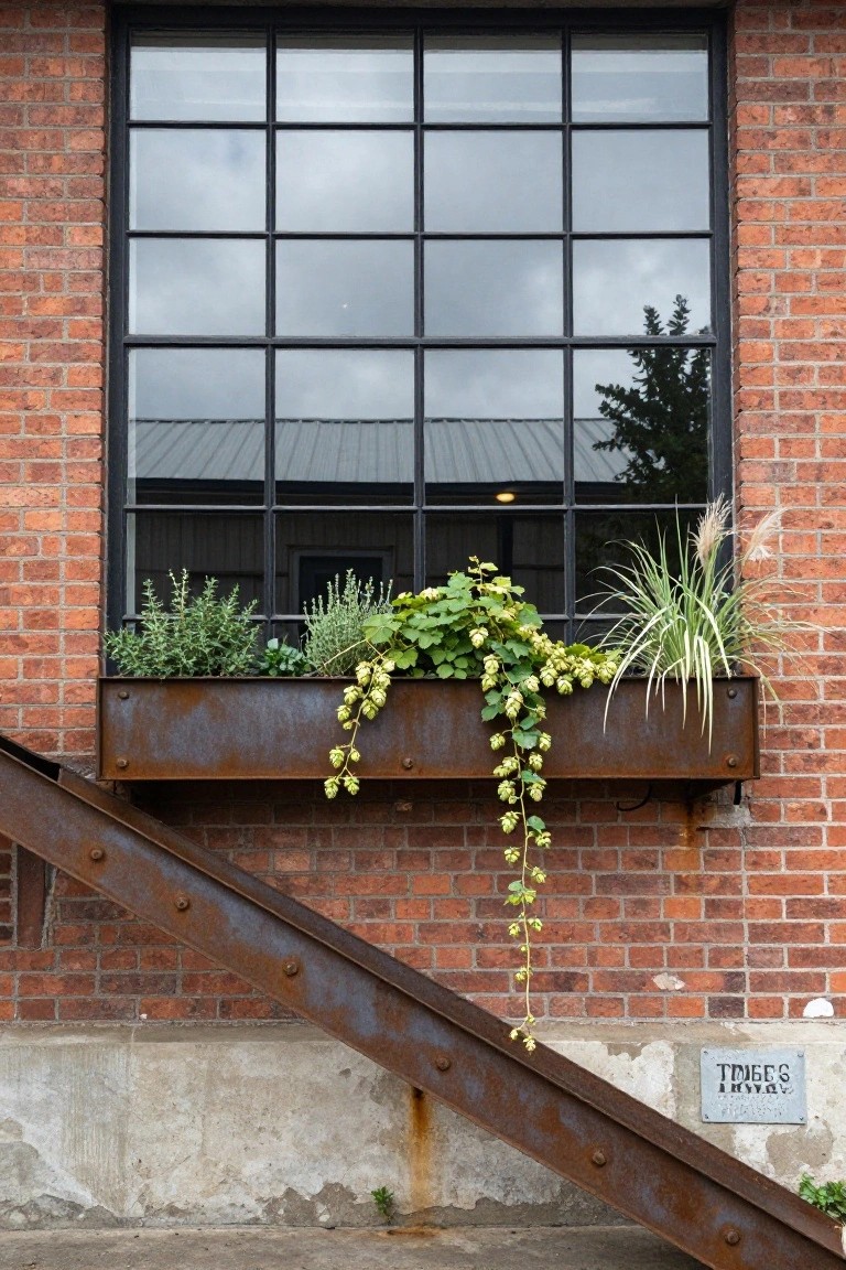Rusted rectangular metal planter box mounted below a large black-framed multi-pane window on a brick exterior wall, filled with herbs, trailing hops vines, and pampas grass, with a rusted metal staircase adjacent and a metal sign reading