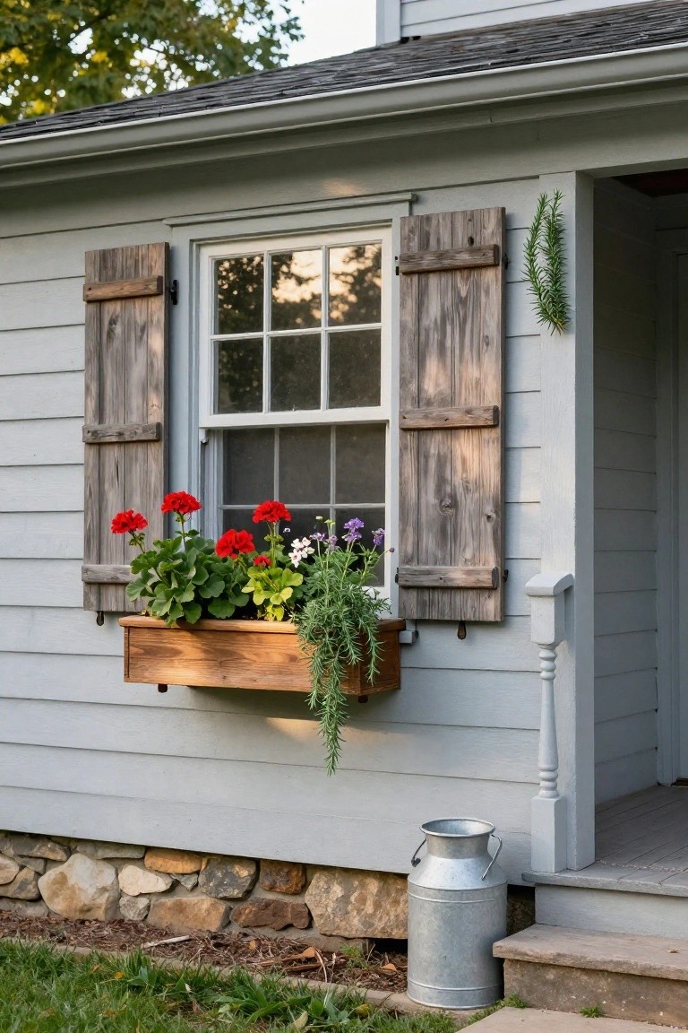 Gray clapboard house exterior with a multipane window flanked by wooden shutters, a wooden planter box below filled with red geraniums, white flowers, and trailing green plants, a galvanized milk pail on the ground beside stone foundation and wooden steps.