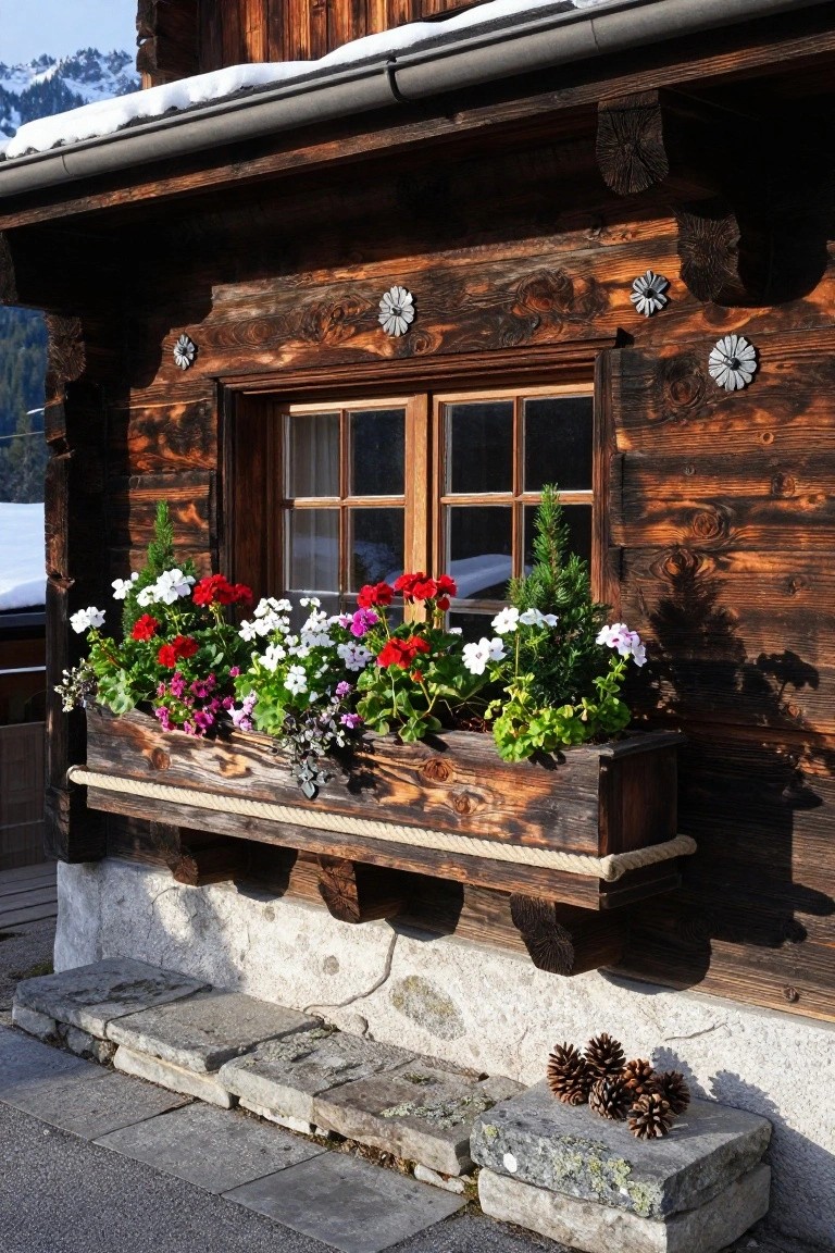 Wooden chalet exterior with dark wood siding, a double window, and an overflowing wooden flower box containing red, pink, white, and multicolored flowers, plus small pine trees and pine cones on stone steps below.