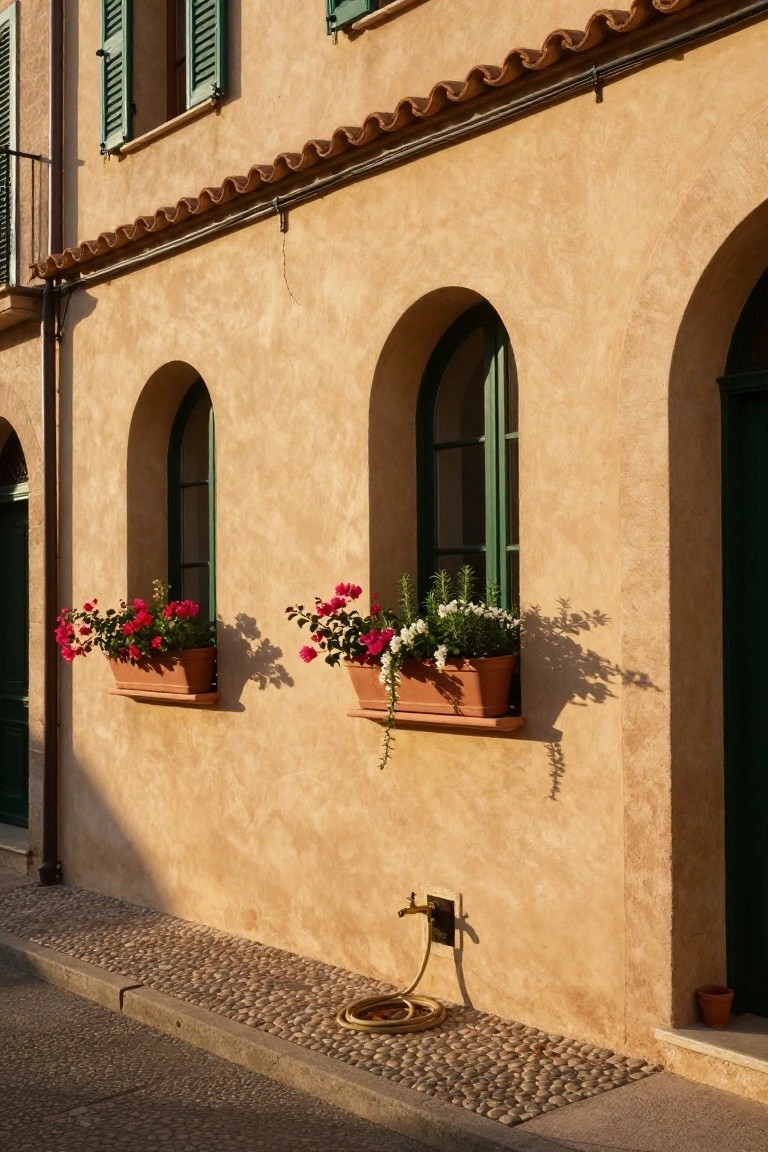 Beige stucco facade with green-shuttered arched windows holding terracotta planters of pink flowers, white herbs, and trailing plants, plus a coiled hose on pebble pavement below.