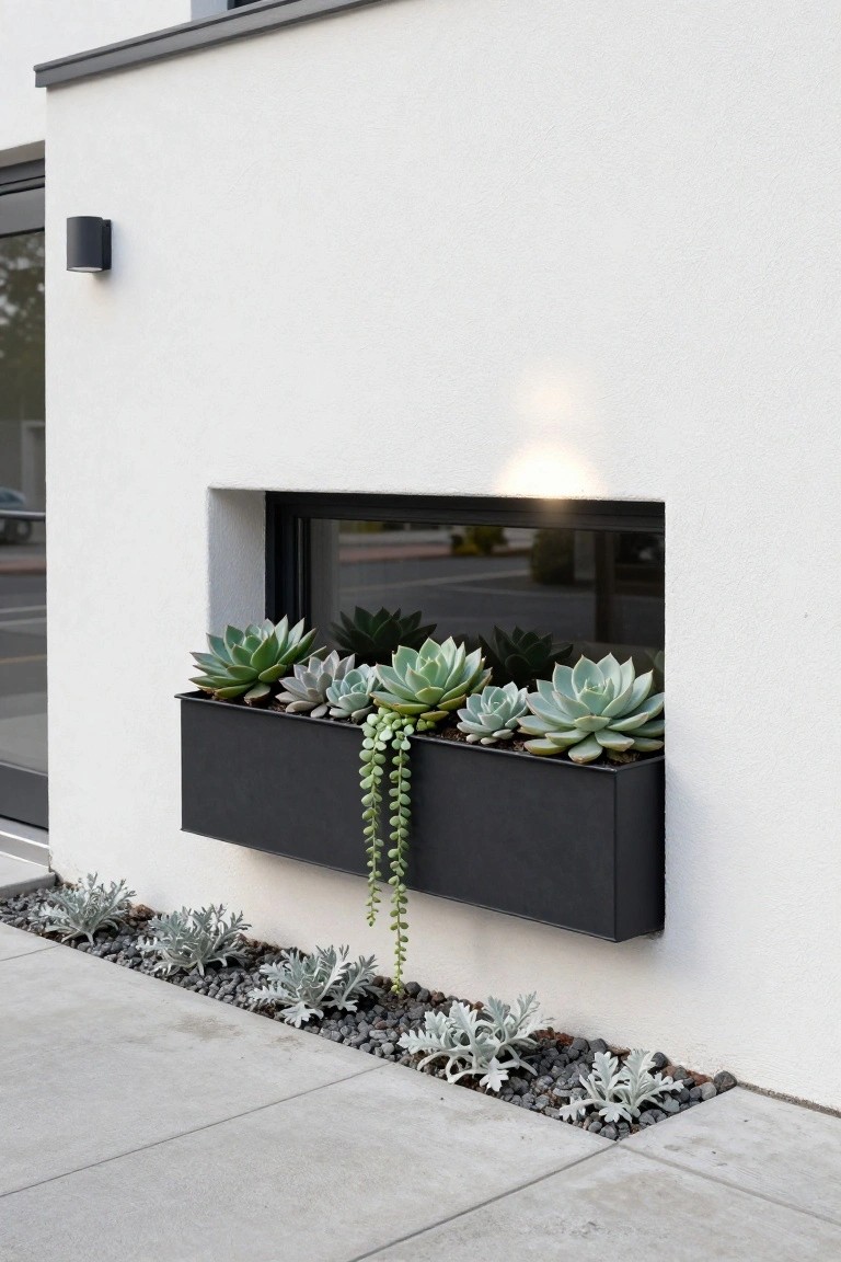 Trailing Succulents in Black Window Boxes