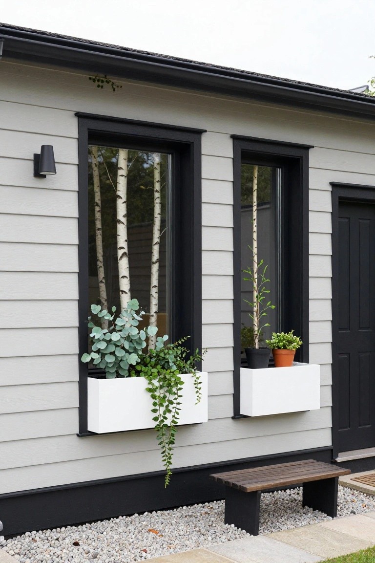Gray clapboard house wall with two tall black-framed windows, each with a white rectangular planter box below filled with green plants including eucalyptus and trailing vines, a black exterior light, black door to the right, and low wooden bench on black legs at the base.