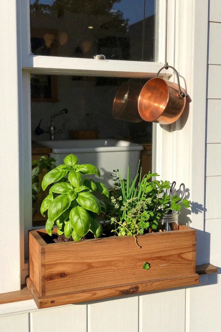 Wooden planter box filled with basil plants, chives, and parsley on the exterior sill of a white-framed kitchen window, with a copper pot hanging nearby and kitchen sink visible through the glass.