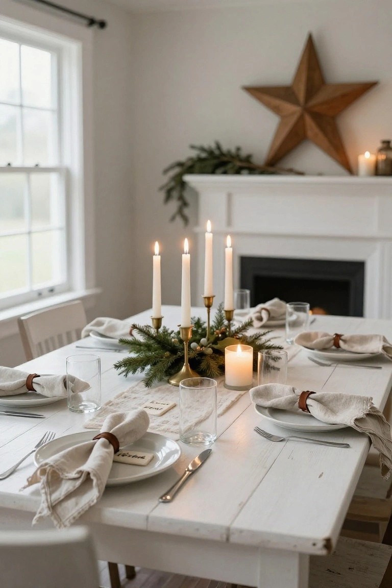 White wooden dining table set for Christmas with brass candelabra centerpiece holding lit candles and evergreen branches, white plates with linen napkins tied in leather bands, glasses, and chairs in a room with fireplace and window.