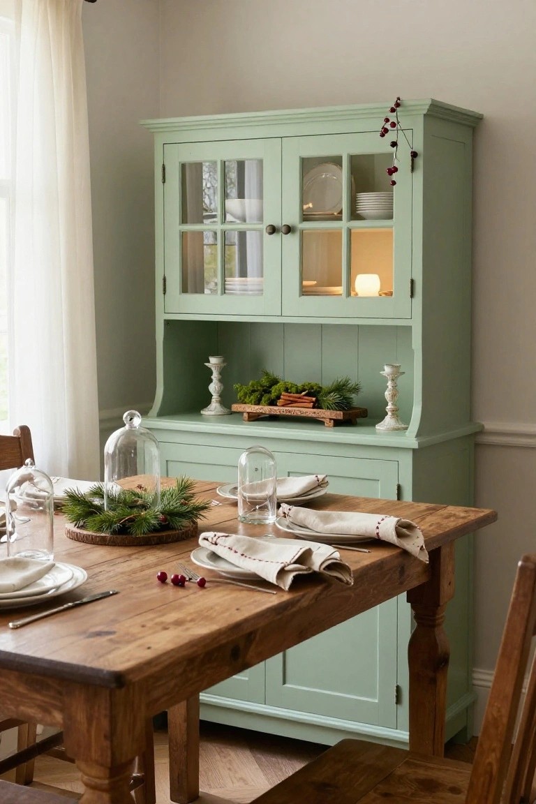 A rustic wooden dining table set with white plates, linen napkins, glasses, and two glass cloches covering evergreen wreaths with red berries and moss, beside a mint green painted hutch with open shelves displaying dishes, candles, and holiday greenery in a light room.