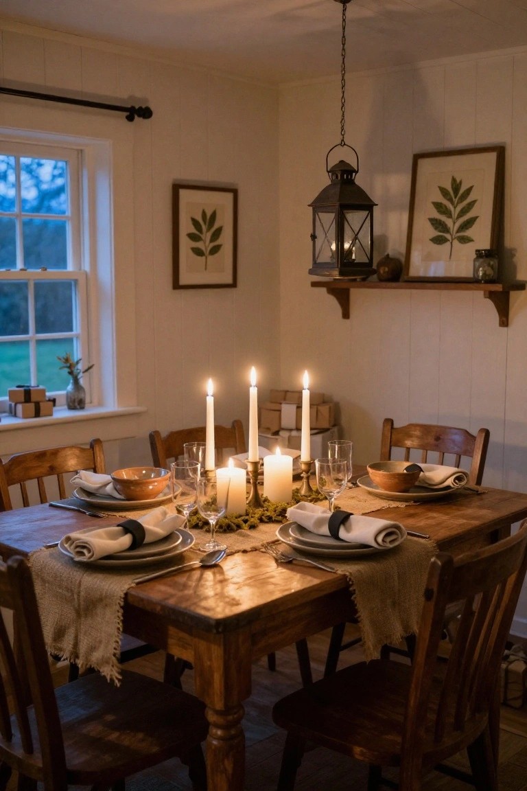 A wooden farmhouse dining table set for Christmas with multiple lit candles in a centerpiece, ceramic bowls and plates on burlap runners and napkins, wooden chairs, lanterns, and shelves in a white paneled room with a window.