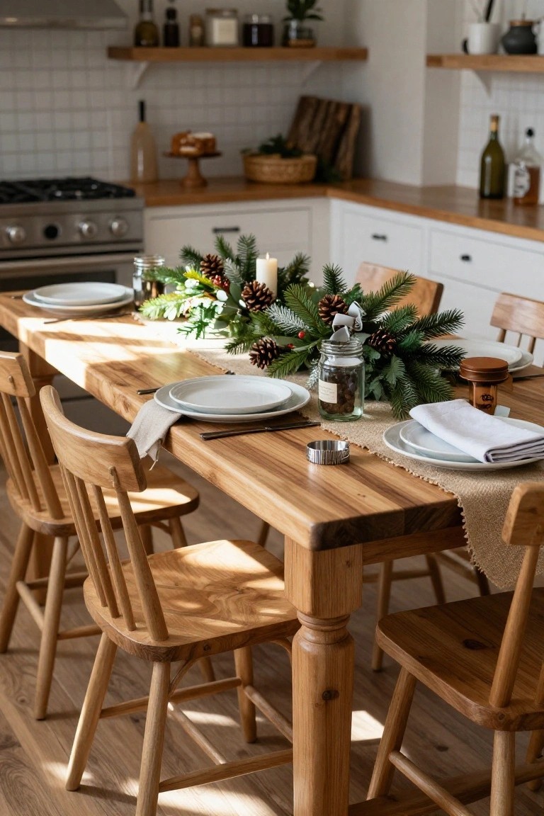 Farmhouse wooden dining table in a white kitchen set for Christmas with a green evergreen garland runner, pinecones, candles, jars, white plates, linen napkins, and wooden chairs.