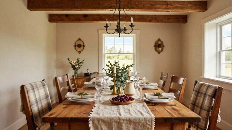 Farmhouse dining table set for Christmas with white linen runner, eucalyptus garland, bowl of red cranberries, brass candlesticks with white candles, glassware, plates, wooden chairs, and chandelier overhead in a light-colored room with shiplap walls.