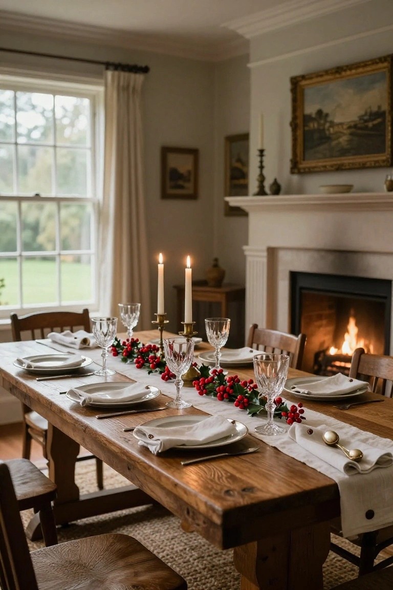 Rustic wooden dining table set for Christmas with a central garland of red berries and holly on a white runner, white plates, folded napkins, crystal wine glasses, brass candlesticks, and wooden chairs in a room with a fireplace and large windows.