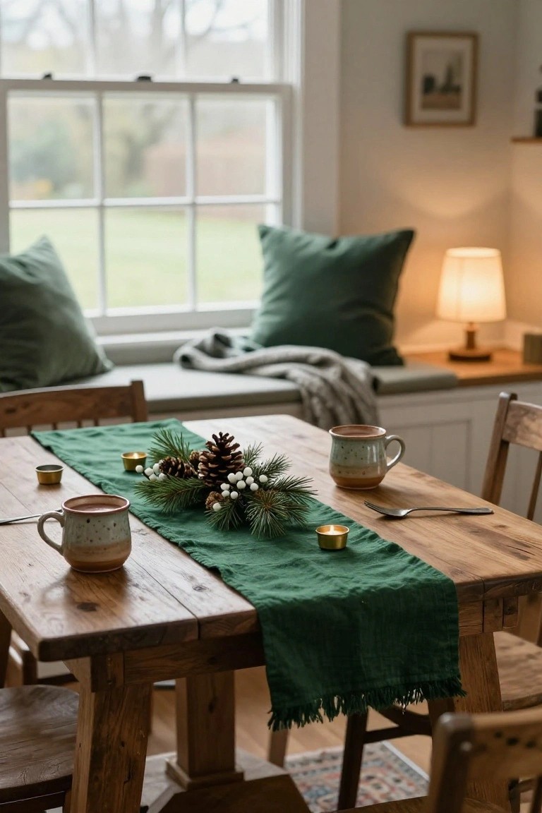 Wooden farmhouse table with green fringed runner centered by pinecones, pine branches, white berries, gold candles, forks, and two terracotta mugs of hot drink, next to green cushions on window seat bench.