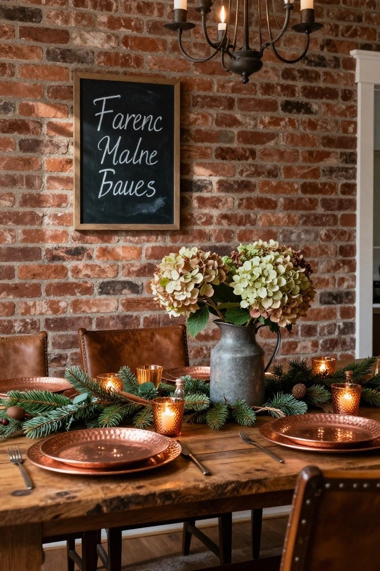 Farmhouse dining table decorated for Christmas with a greenery garland runner, copper plates and utensils, candles, hydrangea bouquet in a metal pitcher, against a brick wall with a chalkboard sign.