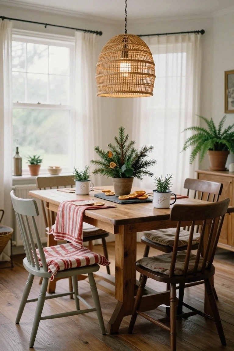 Wooden dining table in a bright room with potted fir branches, rosemary in mugs, dried orange slices on a slate board, enamel cups, red plaid runner, wooden chairs, rattan pendant light, and sheer window curtains.