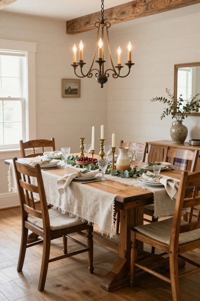 Farmhouse dining table set for Christmas with white linen runner, eucalyptus garland, bowl of red cranberries, brass candlesticks with white candles, glassware, plates, wooden chairs, and chandelier overhead in a light-colored room with shiplap walls.