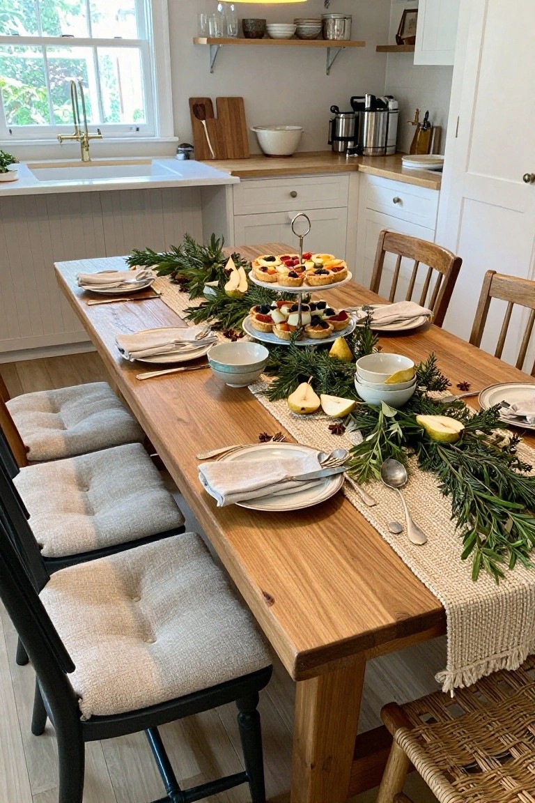 A wooden farmhouse dining table set for Christmas with a long runner of rosemary and green branches, sliced pears, white bowls, plates with linens, silverware, and a three-tiered stand holding tarts and pastries, viewed in a white kitchen.