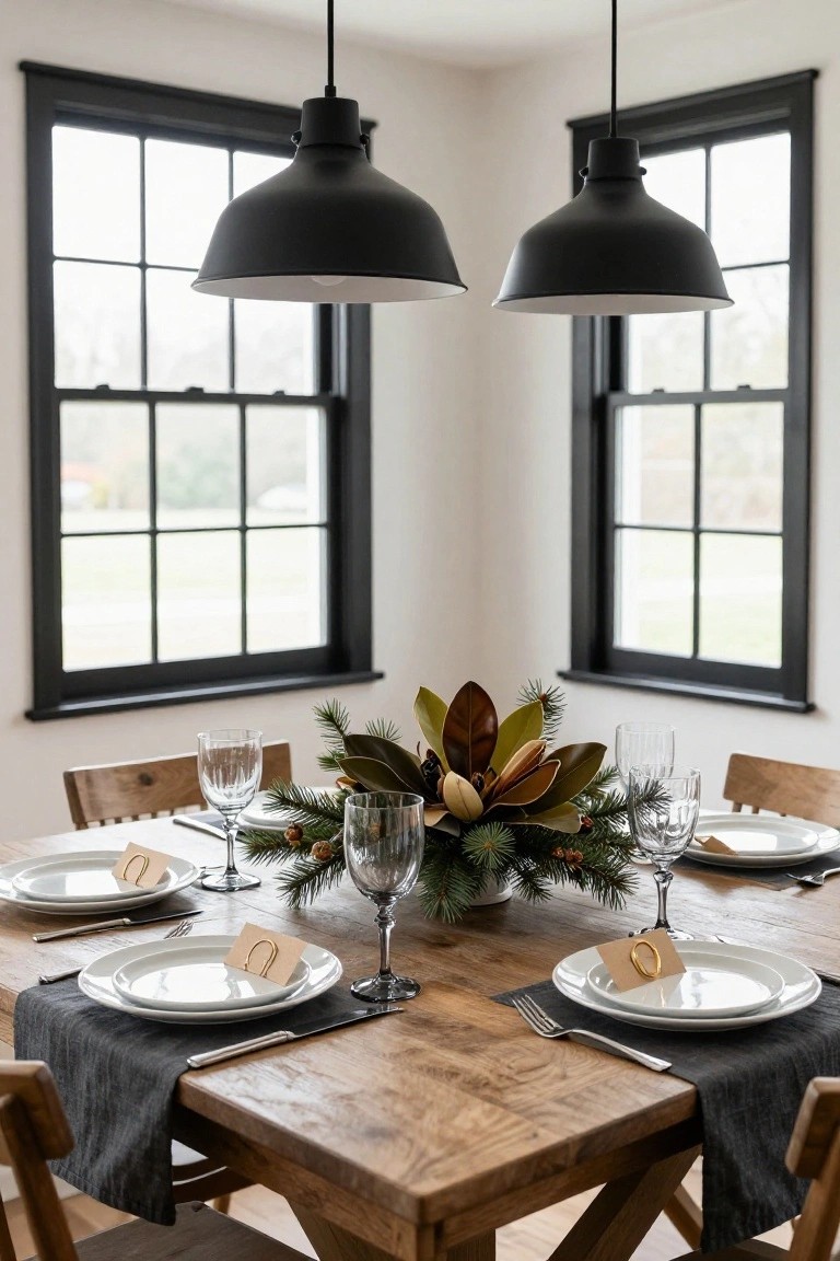 Corner dining area with rustic wooden table set for six, featuring white plates, gold place card holders, wine glasses, and a central low arrangement of magnolia leaves, pine branches, berries, and pinecones under two black pendant lights, with black-framed windows in background.