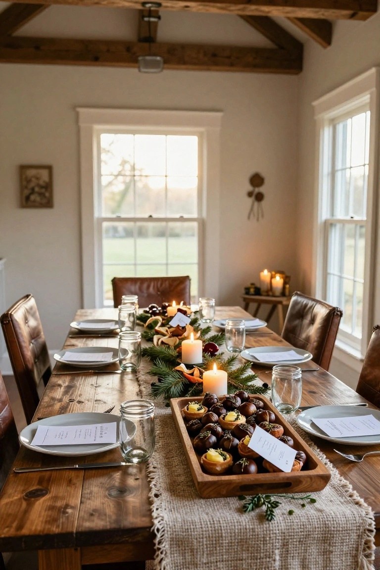 Elegant dining table set with candles, greenery, plates, and a wooden tray of pastries.