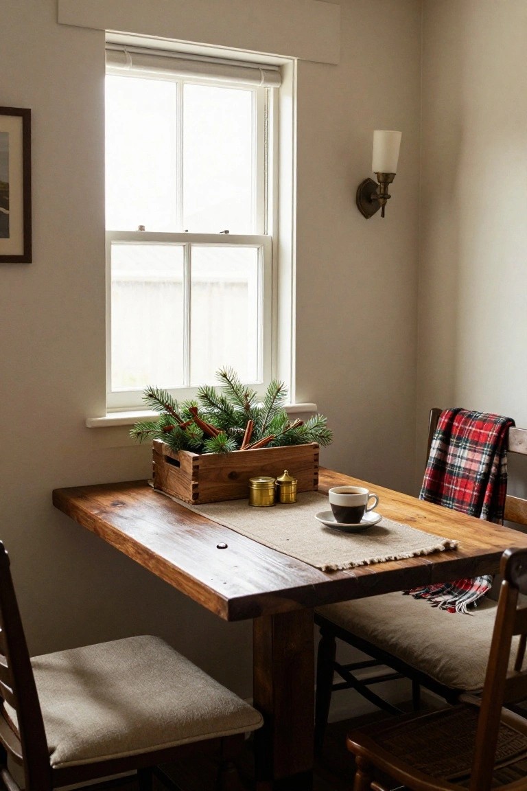 Wooden dining table in a light-filled nook with a crate centerpiece of fir branches and cinnamon sticks, plaid-draped chairs, brass tins, and a coffee cup on a linen runner.