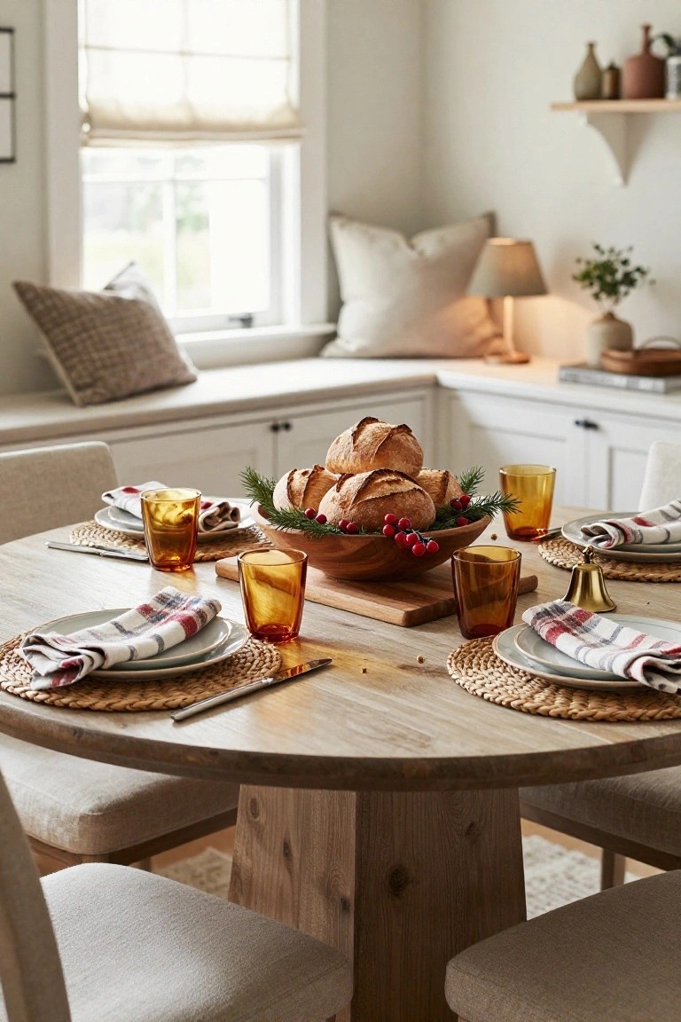 Round wooden pedestal dining table in a light-filled kitchen area, set with woven placemats, plaid napkins, white plates, amber glass tumblers, knives and forks, and a wooden bowl centerpiece holding bread loaves, pine branches, and red berries.