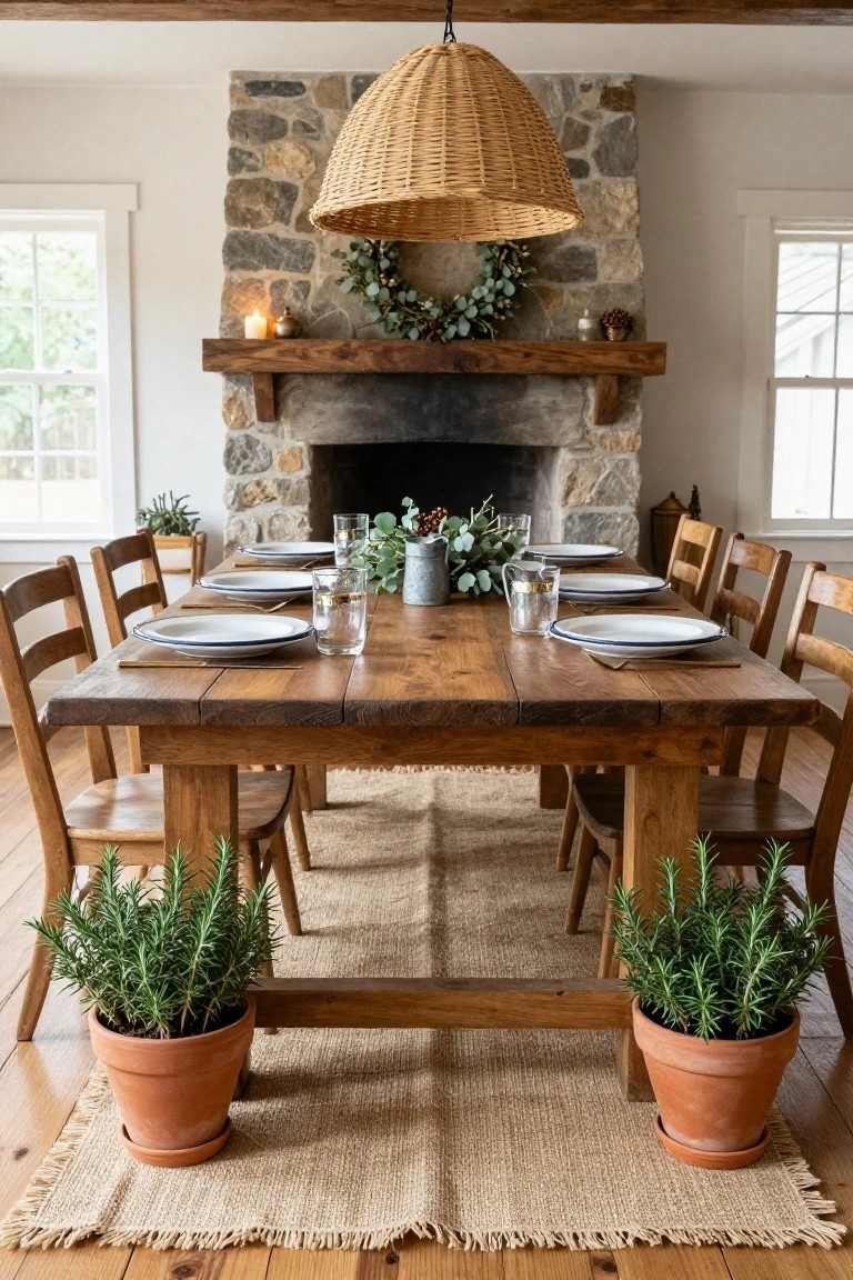 Rustic wooden farmhouse dining table set with white plates, blue-rimmed dishes, glasses, and eucalyptus centerpiece in a metal pitcher, flanked by two potted rosemary plants on a jute rug, in a room with ladderback chairs, stone fireplace, and wicker pendant light.